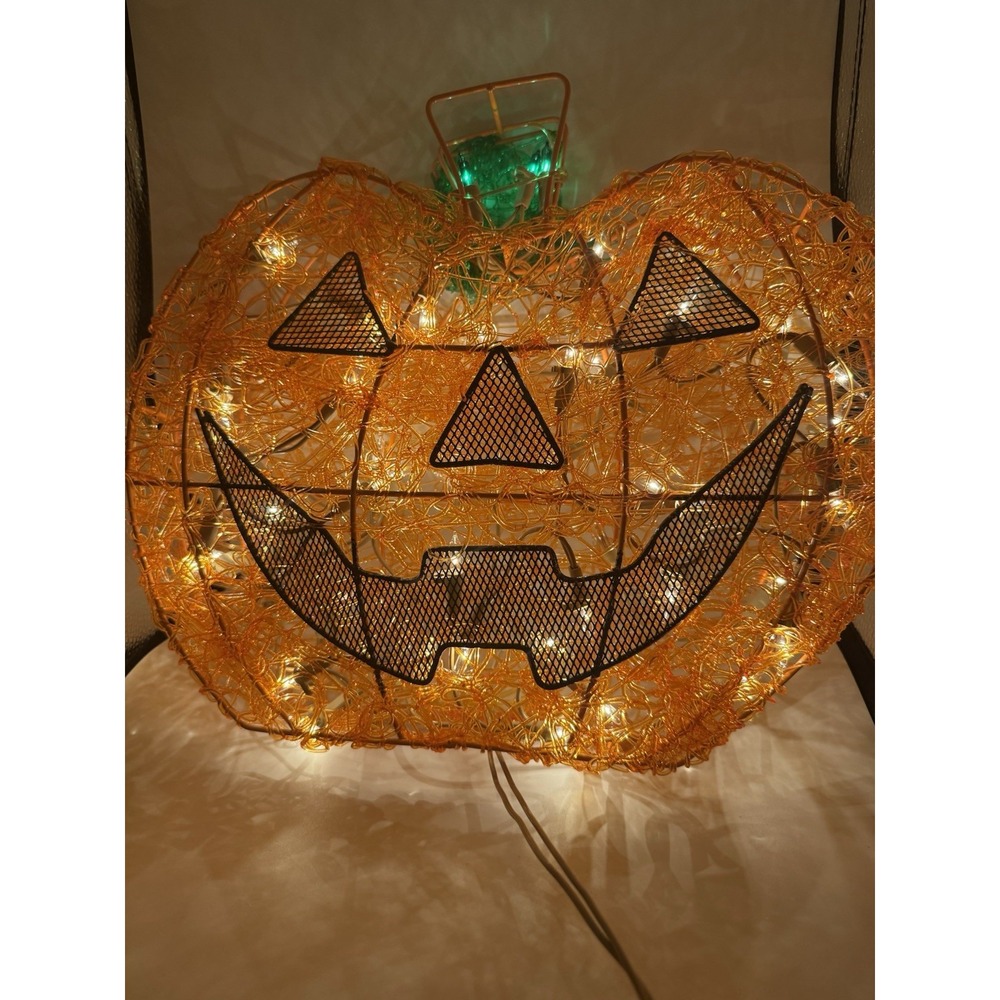 Vintage‎ 14" Halloween Spun Spaghetti Pumpkin Jack-O-Lantern Lights Tested